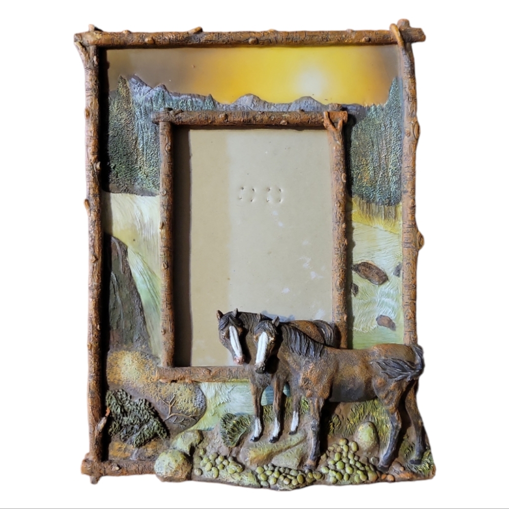 Vtg 3D Frame Horses Forest Marsh Waterfall Rocks (5" x 7")